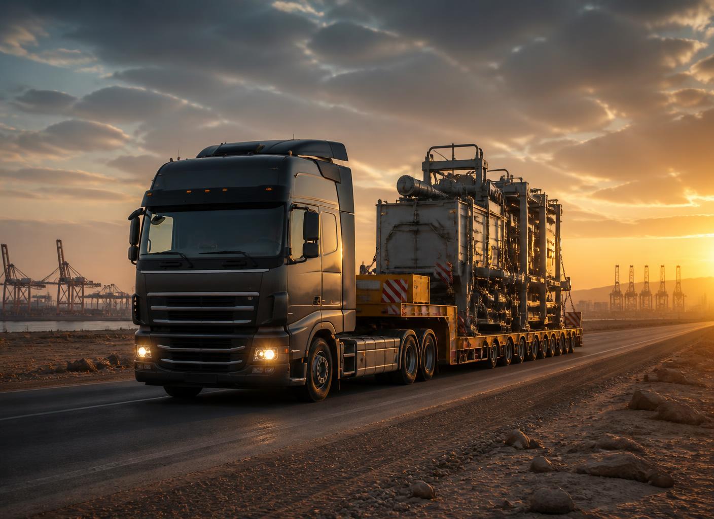 Heavy transport truck carrying industrial machinery near a port at sunset