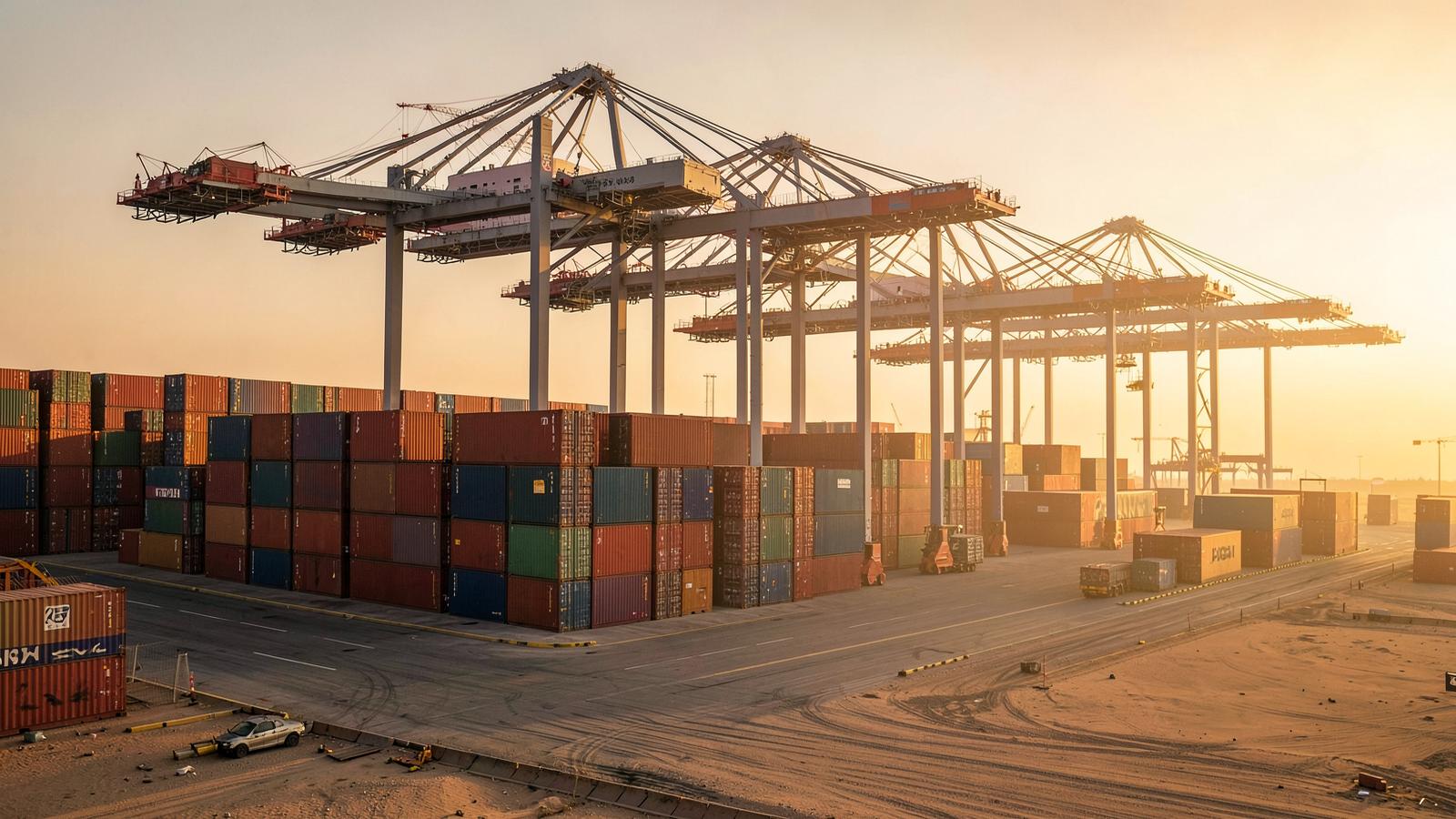 Gulf port terminal with container cranes at work