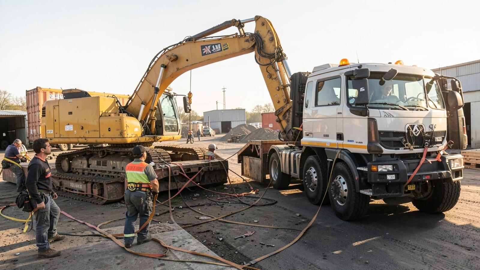 Heavy machinery being loaded onto a flatbed trailer for export